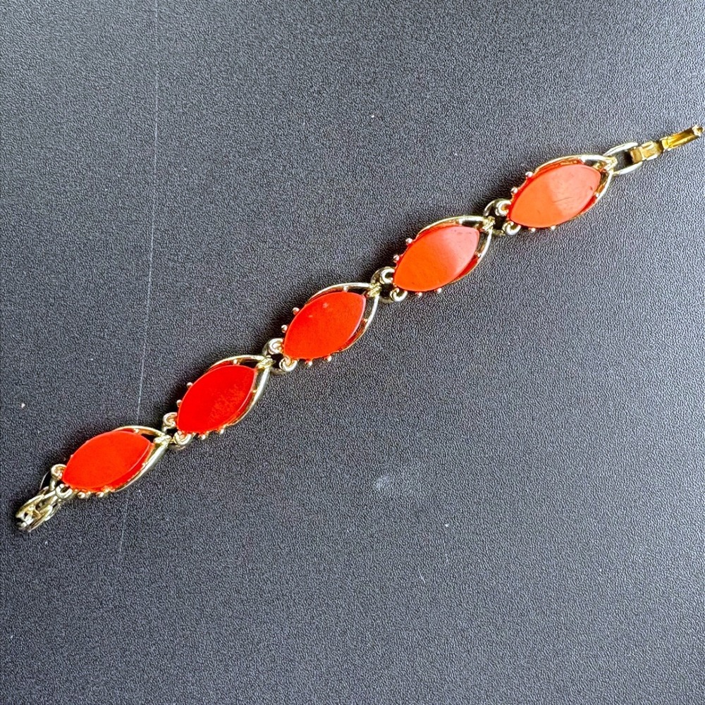 Vintage Gold Tone Orange Thermoset Marquise Link Bracelet Mid Century Modern